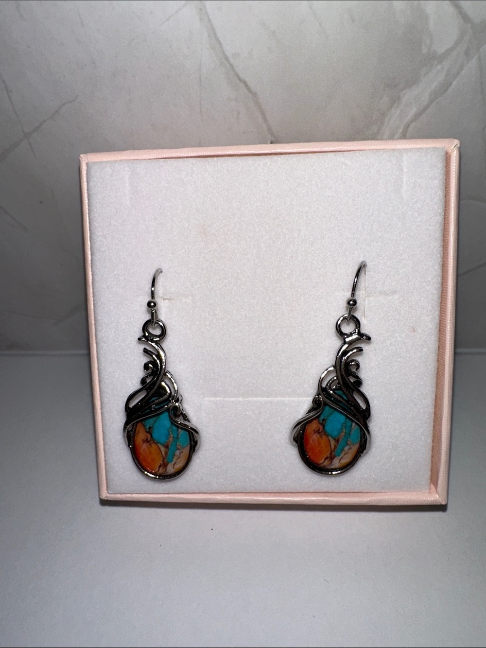Turquoise and Orange Teardrop Dangle Earrings - Women's Jewelry